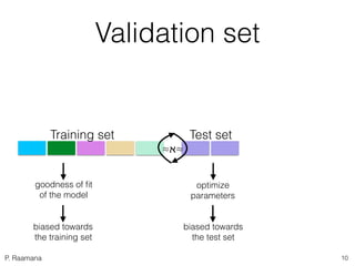 P. Raamana
Terminology
9
Data split
Training
Testing
Validation
Purpose (Do’s)
Train model to learn its
core parameters
Op...