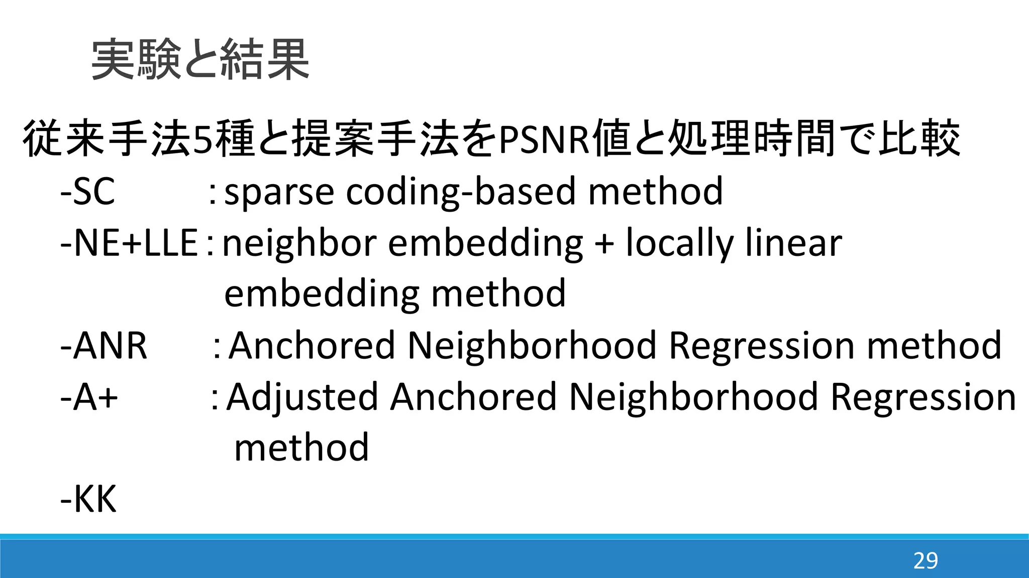 実験と結果
従来手法5種と提案手法をPSNR値と処理時間で比較
-SC ：sparse coding-based method
-NE+LLE：neighbor embedding + locally linear
embedding method
-ANR ：Anchored Neighborhood Regression method
-A+ ：Adjusted Anchored Neighborhood Regression
method
-KK
29
 