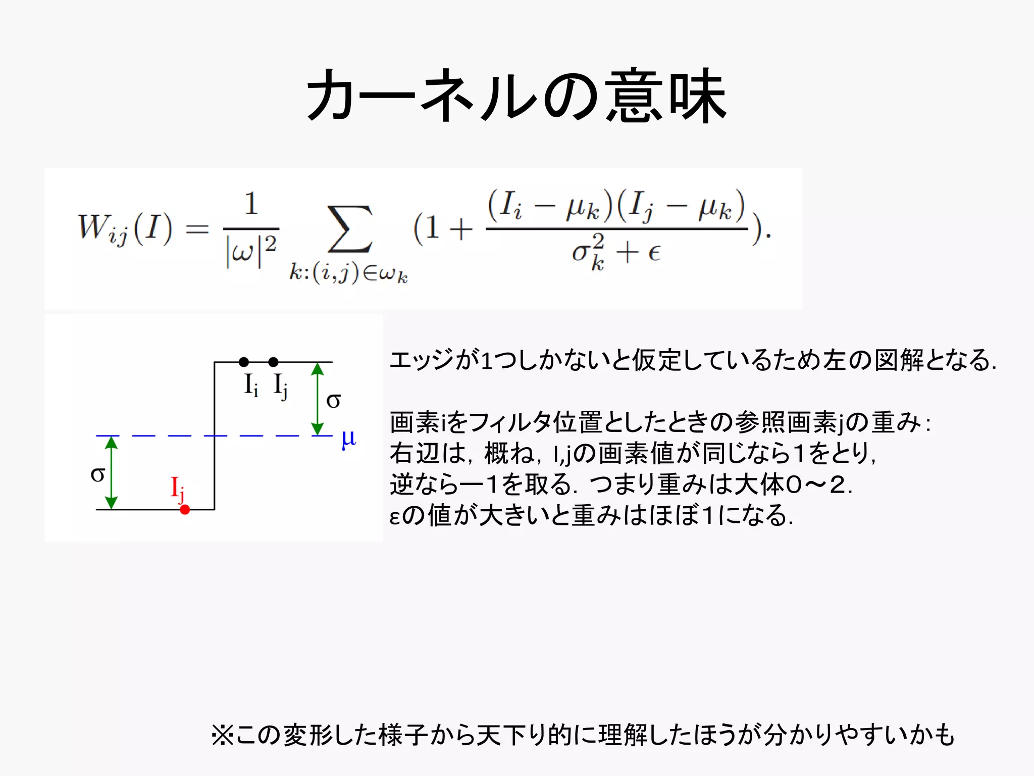 カーネルの意味


       エッジが1つしかないと仮定しているため左の図解となる．

       画素iをフィルタ位置としたときの参照画素jの重み：
       右辺は，概ね，I,jの画素値が同じなら１をとり，
       逆ならー１を取る．つまり重みは大体０～２．
       εの値が大きいと重みはほぼ１になる．




※この変形した様子から天下り的に理解したほうが分かりやすいかも
 