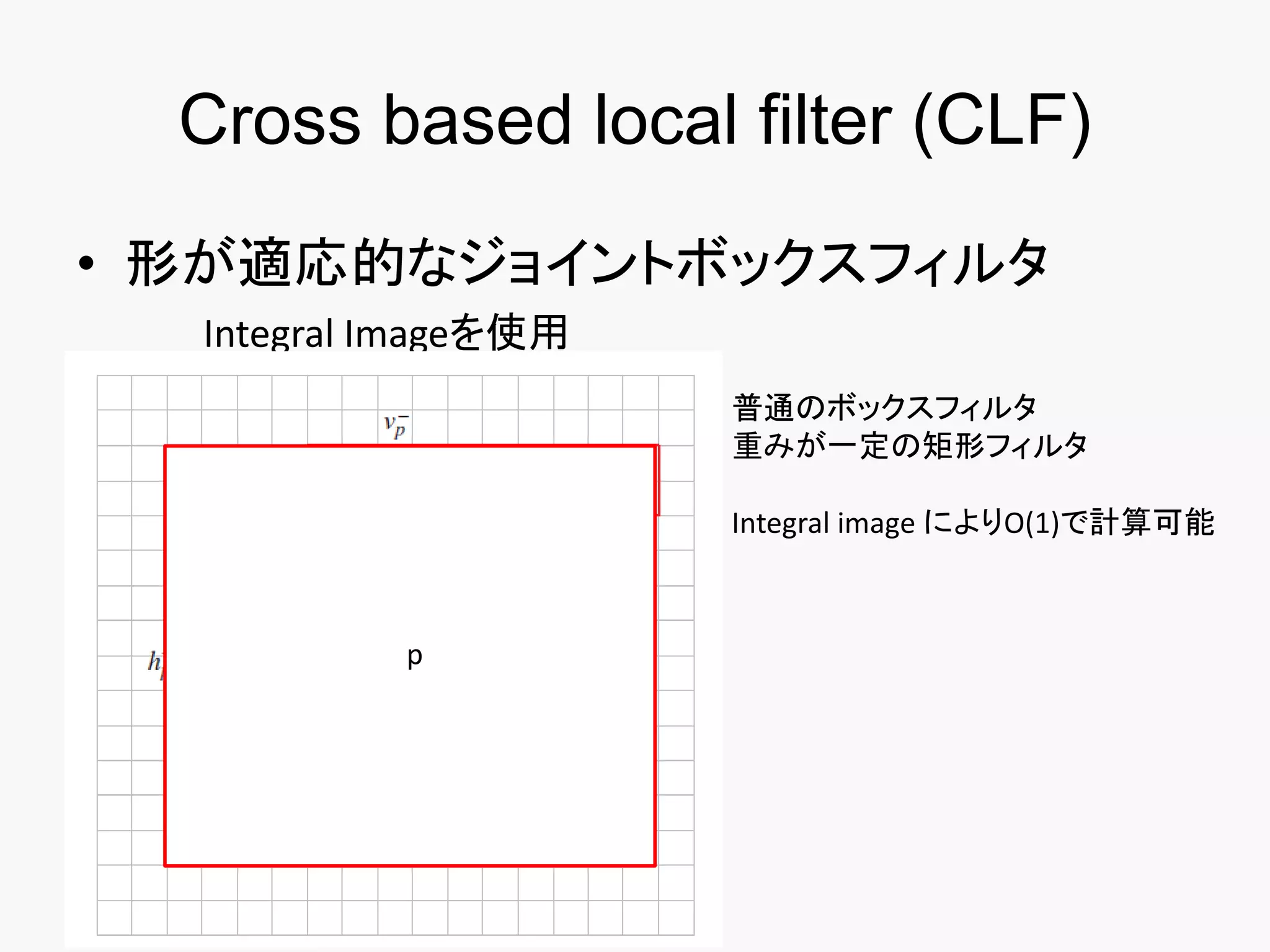 Cross based local filter (CLF)
• 形が適応的なジョイントボックスフィルタ
  Integral Imageを使用
                      普通のボックスフィルタ
                      重みが一定の矩形フィルタ

                      Integral image によりO(1)で計算可能



           p
 