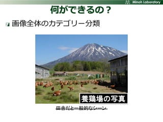 何ができるの？
画像全体のカテゴリー分類




          養鶏場の写真
     田舎だと一般的なシーン
 