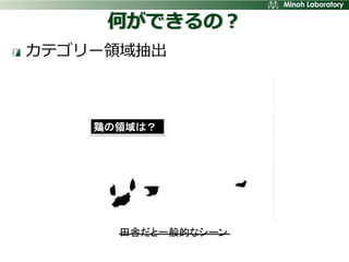 何ができるの？
カテゴリー領域抽出



    鶏の領域は？




      田舎だと一般的なシーン
 