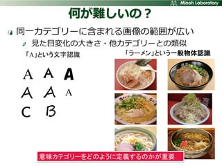 何が難しいの？
同一カテゴリーに含まれる画像の範囲が広い
  見た目変化の大きさ・他カテゴリーとの類似
 「A」という文字認識     「ラーメン」という一般物体認識


A A A
A A A
C B

   意味カテゴリーをどのように定義するのかが重要
 