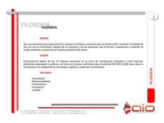 2


FILOSOFIA
      FILOSOFIA

                      MISION

   Ser una empresa que proporcione los mejores productos y servicios para la construcción industrial consolidando
   día con día el crecimiento integral de la empresa y de las personas que la forman; respetando y cuidando el
   medio ambiente a través de las mejores prácticas del sector.

                      VISIÓN

   Posicionarnos dentro de las 10 mejores empresas en el ramo de construcción industrial a nivel nacional,
   definiendo estándares y políticas, así como un proceso certificado bajo el estándar ISO 9001:2008 para ubicar a
   la empresa a la vanguardia en tecnología, logística y sistemas constructivos.




                                                                                                                     FILOSOFIA
                      VALORES

            •Honestidad
            •Responsabilidad
            •Compromiso
            •Innovación
            •Lealtad




Av. Vallarta 6503 Int F-18 Concentro Col. Cd. Granja C.P. 45030 Zapopan, Jal.
Tel: (33) 36363559 / (33) 38335779 - www.aio.com.mx / contacto@aio.com.mx
 