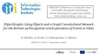 Title of presentation
Subtitle
Name of presenter
Date
ObjectGraphs: Using Objects and a Graph Convolutional Network
for the Bottom-up Recognition and Explanation of Events in Video
N. Gkalelis, A. Goulas, D. Galanopoulos, V. Mezaris
CERTH-ITI, Thermi - Thessaloniki, Greece
IEEE/CVF Conference on Computer Vision
and Pattern Recognition Workshops,
2nd Int. Workshop on Large Scale Holistic
Video Understanding, June 2021
 