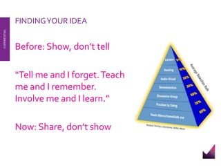 FINDING YOUR IDEA 
Before: Show, don’t tell 
“Tell me and I forget. Teach 
me and I remember. 
Involve me and I learn.” 
Now: Share, don’t show 
EXPERIENTIAL 
 