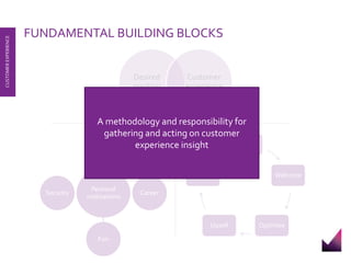 FUNDAMENTAL BUILDING BLOCKS 
CUSTOMER EXPERIENCE 
Desired 
position 
Customer 
experience 
Sell 
Welcome 
Renew 
Upsell Optimise 
Status 
Personal 
motivations 
Career 
Fun 
Security 
A methodology and responsibility for 
gathering and acting on customer 
experience insight 
 