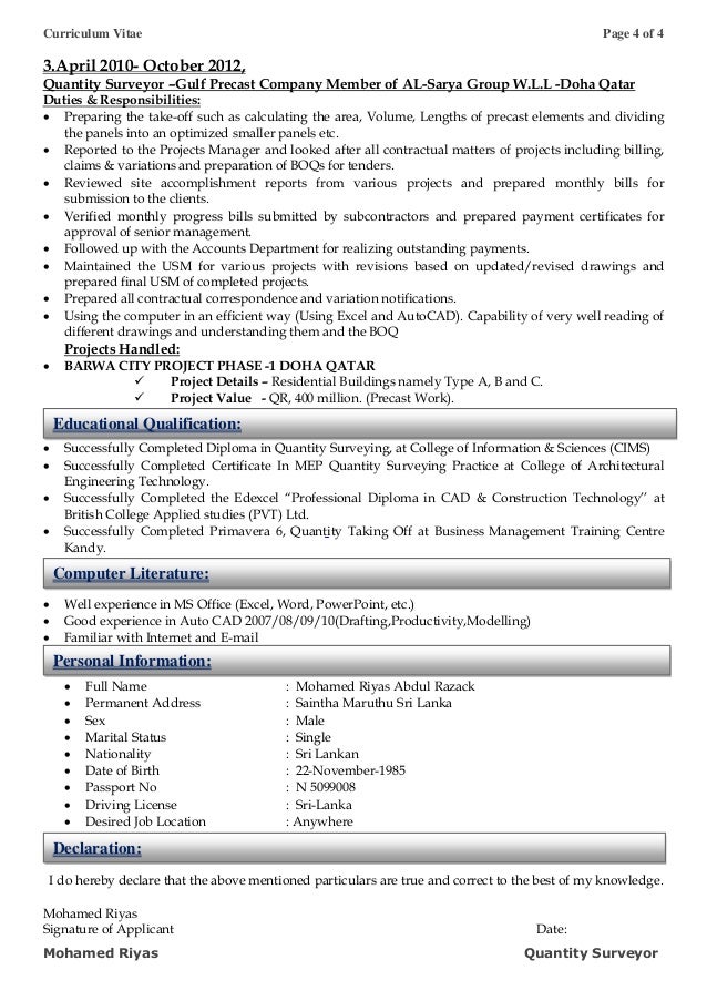 quantity surveyor cv example