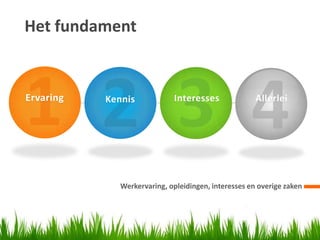 Het fundament


Ervaring   Kennis            Interesses               Allerlei




              Werkervaring, opleidingen, interesses en overige zaken
 