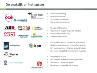 De praktijk en het succes

                            •   Intensieve werving
                            •   Betrokken creatief
                            •   Interessante projecten
                            •   Klanten die terugkomen

                            •   Doelgerichte analyse
                            •   Organisatie, investeringen en klanten
                            •   Doordachte combinaties
                            •   Additionele business

                            •   Inhoudelijke kennis en praktische ervaring
                            •   Met interesse luisteren en ruimhartig delen
                            •   Het kleine eren en het grote gegund krijgen
                            •   Een team maakt het ‘onmogelijke’ mogelijk

                            •   De aanhouder wint
                            •   Het verschil maken op menselijk niveau
                            •   Verder dan de horizon kijken
                            •   Deals van een ongekende omvang
 