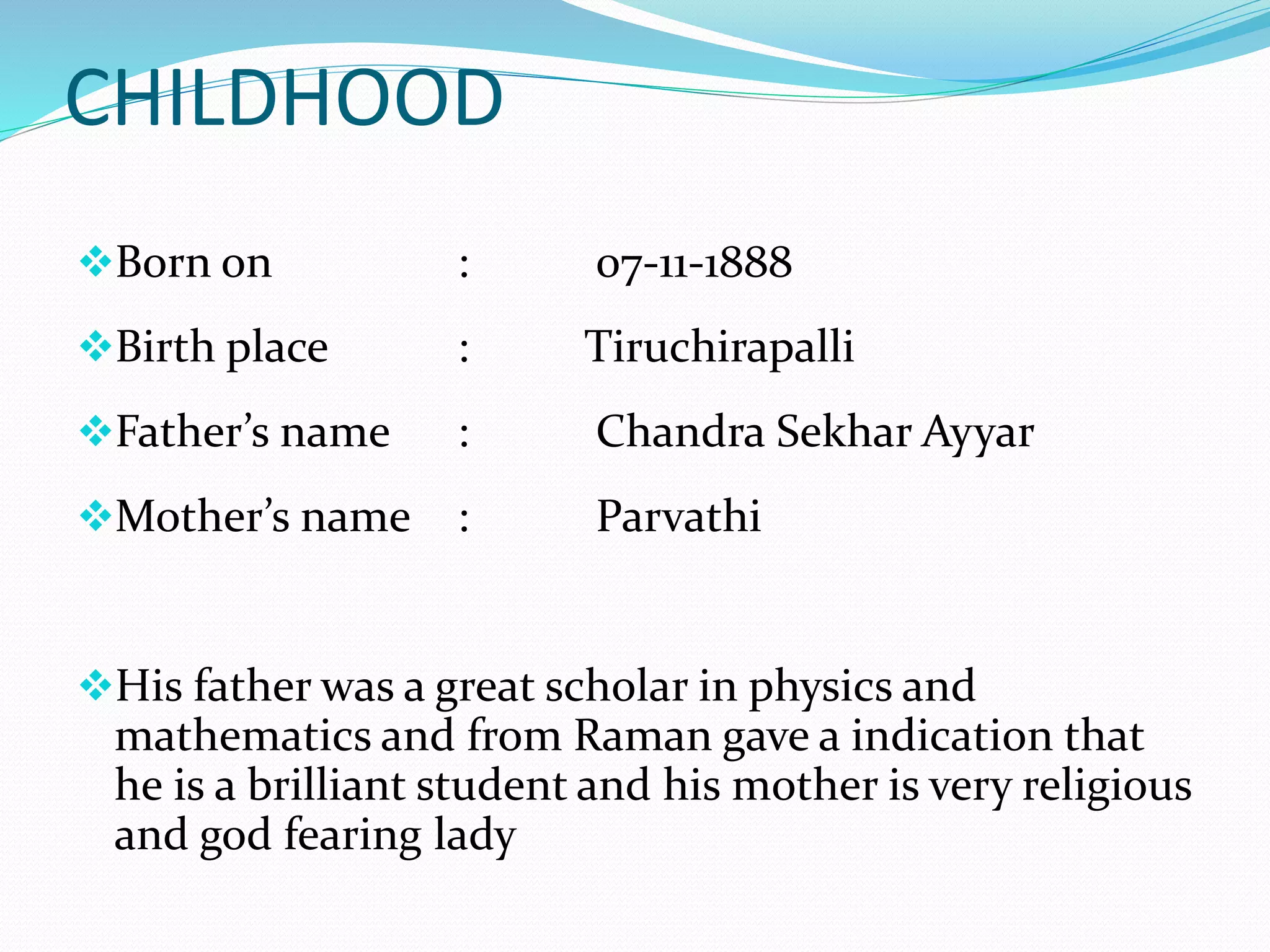 Cv Raman Birth C V Raman | PPTX