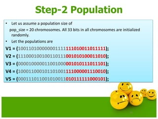 51
Step-2 Population
• Let us assume a population size of
pop_size = 20 chromosomes. All 33 bits in all chromosomes are initialized
randomly.
• Let the populations are
V1 = (100110100000001111111010011011111);
V2 = (111000100100110111001010100011010);
V3 = (000010000011001000001010111011101);
V4 = (100011000101101001111000001110010);
V5 = (000111011001010011010111111000101);
 