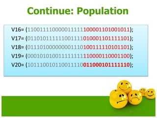 53
Continue: Population
V16= (110011110000011111100001101001011);
V17= (011010111111001111010001101111101);
V18= (011101000000001110100111110101101);
V19= (000101010011111111110000110001100);
V20= (101110010110011110011000101111110);
 