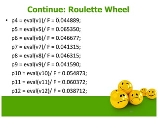 60
Continue: Roulette Wheel
• p4 = eval(v1)/ F = 0.044889;
p5 = eval(v5)/ F = 0.065350;
p6 = eval(v6)/ F = 0.046677;
p7 = eval(v7)/ F = 0.041315;
p8 = eval(v8)/ F = 0.046315;
p9 = eval(v9)/ F = 0.041590;
p10 = eval(v10)/ F = 0.054873;
p11 = eval(v11)/ F = 0.060372;
p12 = eval(v12)/ F = 0.038712;
 