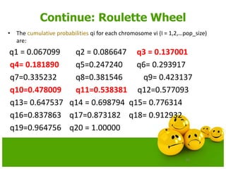 62
Continue: Roulette Wheel
• The cumulative probabilities qi for each chromosome vi (I = 1,2,…pop_size)
are:
q1 = 0.067099 q2 = 0.086647 q3 = 0.137001
q4= 0.181890 q5=0.247240 q6= 0.293917
q7=0.335232 q8=0.381546 q9= 0.423137
q10=0.478009 q11=0.538381 q12=0.577093
q13= 0.647537 q14 = 0.698794 q15= 0.776314
q16=0.837863 q17=0.873182 q18= 0.912932
q19=0.964756 q20 = 1.00000
 