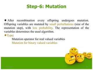 Step-6: Mutation
6/21/2013 74
 After recombination every offspring undergoes mutation.
Offspring variables are mutated by small perturbations (size of the
mutation step), with low probability. The representation of the
variables determines the used algorithm.
Type:
Mutation operator for real valued variables
Mutation for binary valued variables
 