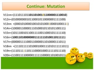 79
Continue: Mutation
V11nn=(111011101101101001011000001110010)
V12n=(010000000101100010110000001111100)
V13nn =(000101000010010101000100001000111)
V14n=(100001100001110100010110101100111)
V15n=(101110010110011110011000101111110)
V16n=(100110100000001111111010011011111)
V17n=(000001111000110000011010000111011)
V18nn =(111011111010001000111010111111011)
V19n=(111011111101110000100011111011110)
V20n=(110011110000011111100001101001011)
 