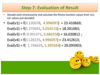 80
Step-7: Evaluation of Result
• Decode each chromosome and calculate the fitness function values from <x1,
x2> values just decoded
• Eval(v1) = f(3.130078, 4.996097) = 23.410669;
Eval(v2) = f(5.279042, 5.054515) = 18.201083;
Eval(v3) = f(-0.991471, 5.680258) = 16.020812 ;
Eval(v4) = f(3.128235, 4.996097) = 23.412613;
Eval(v5) = f( -1.746635, 5.395584) = 20.095903;
 