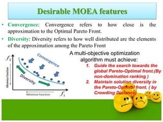 Desirable MOEA features
• Convergence: Convergence refers to how close is the
approximation to the Optimal Pareto Front.
• Diversity: Diversity refers to how well distributed are the elements
of the approximation among the Pareto Front
A multi-objective optimization
algorithm must achieve:
1. Guide the search towards the
global Pareto-Optimal front.(By
non-domination ranking )
2. Maintain solution diversity in
the Pareto-Optimal front. ( by
Crowding Distance)
 