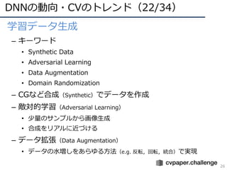 DNNの動向・CVのトレンド（22/34）
26
• 学習データ⽣成
– キーワード
• Synthetic Data
• Adversarial Learning
• Data Augmentation
• Domain Randomization
– CGなど合成（Synthetic）でデータを作成
– 敵対的学習（Adversarial Learning）
• 少量のサンプルから画像⽣成
• 合成をリアルに近づける
– データ拡張（Data Augmentation）
• データの⽔増しをあらゆる⽅法（e.g. 反転，回転，統合）で実現
 