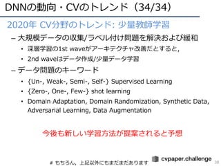 DNNの動向・CVのトレンド（34/34）
38
• 2020年 CV分野のトレンド: 少量教師学習
– ⼤規模データの収集/ラベル付け問題を解決および緩和
• 深層学習の1st waveがアーキテクチャ改善だとすると，
• 2nd waveはデータ作成/少量データ学習
– データ問題のキーワード
• {Un-, Weak-, Semi-, Self-} Supervised Learning
• {Zero-, One-, Few-} shot learning
• Domain Adaptation, Domain Randomization, Synthetic Data,
Adversarial Learning, Data Augmentation
今後も新しい学習⽅法が提案されると予想
# もちろん，上記以外にもまだまだあります
 