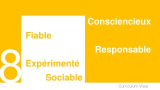 Curriculum VitaeMenu 801
Consciencieux
Fiable
Responsable
Expérimenté
Sociable
 