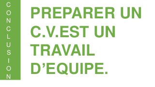 Curriculum Vitae
C
O
N
C
L
U
S
I
O
N
Conclusion
PREPARER UN
C.V.EST UN
TRAVAIL
D’EQUIPE.
 