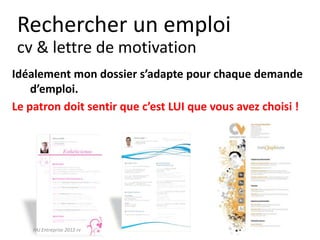 Curriculum VitaeMenu 304
Peintre en bâtiment CFC, travail soigné
Cuisinier – brasserie – attentif aux coûts
Chef de rang – mise en place et service –
souriant et discret
Accroche : le petit plus
 