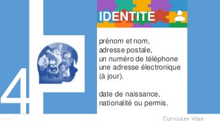 Curriculum VitaeMenu 401
IDENTITE
prénom et nom,
adresse postale,
un numéro de téléphone
une adresse électronique
(à jour).
date de naissance,
nationalité ou permis.
 