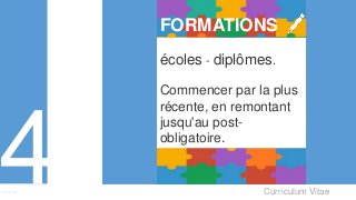 Curriculum VitaeMenu 401
FORMATIONS
écoles - diplômes.
Commencer par la plus
récente, en remontant
jusqu'au post-
obligatoire.
 