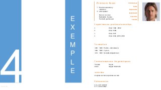 Curriculum VitaeMenu 401
P r é n o m N o m
 Rue de Lausanne xy
1950 Sion
 078/1234567 45 67
Né le xx xxx xxxx
Nationalité : Suisse,
Permis B, permis auto
E x p é r i e n c e s p r o f e s s i o n n e l l e s
A Chez 1992 - 2002
B Chez 2008,
C Chez 2007
D Chez 2004, 2005, 2006
F o r m a t i o n
1983 1985 Peintre – décorateur à
1983 1986 Cycle à
1974 1983 Scolarité obligatoire en
C o n n a i s s a n c e s l i n g u i s t i q u e s
Français moyen
Arabe langue maternelle
I n t é r ê t s
Sculpture sur bois et peinture sur soie
R é f é r e n c e s
M. X y 027 1234567
M. Y x 0271234567
Consciencieux
Fiable
Responsable
Expérimenté
Volontaire
Sociable
E
X
E
M
P
L
E
 