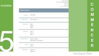 Curriculum VitaeMenu 501
[Adresse postale]
[Ville, Pays/région, Code postal]
[Téléphone]
[Site web]
[Courrier électronique]
PRENOM NOM
OBJECTIF Mon objectiv
COMPETENCES Mes compétences
EXPÉRIENCE Stage 1
Stage 2
Stage 3
FORMATION Ecole 1
Ecole 2
Ecole 3
CONNAISSANCES Langue 1 Langue 2
Informatique 1 Informatique 2
LOISIRS Loisir 1
Loisir 2
RÉFÉRENCES Référence 1
Référence 2
C
O
M
M
E
N
C
E
R
modèles
 