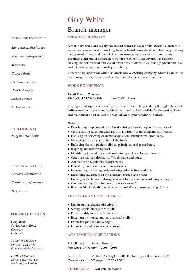 Branch Sales Manager Resume Branch Sales Manager Resume