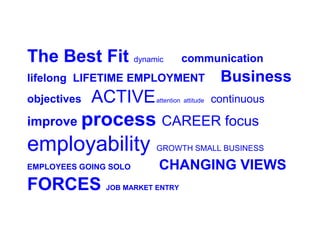 The Best Fit dynamic               communication
lifelong LIFETIME EMPLOYMENT                    Business
objectives   ACTIVE       attention attitude   continuous

improve process CAREER focus
employability             GROWTH SMALL BUSINESS

EMPLOYEES GOING SOLO       CHANGING VIEWS
FORCES         JOB MARKET ENTRY
 
