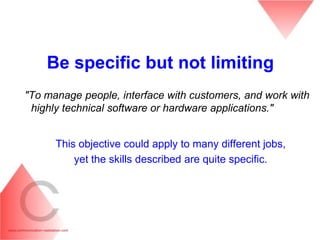 Be specific but not limiting
"To manage people, interface with customers, and work with
 highly technical software or hardware applications."


      This objective could apply to many different jobs,
          yet the skills described are quite specific.
 