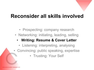 Reconsider all skills involved

    • Prospecting: company research
  • Networking: initiating, leading, selling
   • Writing: Resume & Cover Letter
    • Listening: interpreting, analysing
 • Convincing: public speaking, expertise
           • Trusting: Your Self
 