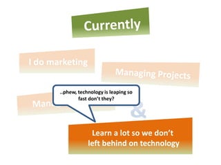 I do marketing

       ..phew, technology is leaping so
               fast don’t they?




                    Learn a lot so we don’t
                   left behind on technology
 