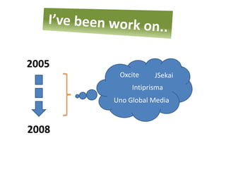 2005
        Oxcite     JSekai
            Intiprisma
       Uno Global Media



2008
 