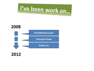 2008
       Streetdirectory.com

        Uniscope Group

           Detik.com



2012
 