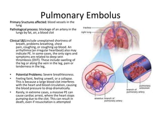 Pulmonary Embolus
Primary Sructures affected: blood vessels in the
    lung
Pathological process: blockage of an artery in the
    lungs by fat, air, a blood clot

Clinical S&S:include unexplained shortness of
     breath, problems breathing, chest
     pain, coughing, or coughing up blood. An
     arrhythmia (an irregular heartbeat) also may
     indicate PE. In some cases, the only signs and
     symptoms are related to deep vein
     thrombosis (DVT). These include swelling of
     the leg or along the vein in the leg, pain or
     tenderness in the leg,

•   Potential Problems: Severe breathlessness.
•   Feeling faint, feeling unwell, or a collapse.
    This is because a large blood clot interferes
    with the heart and blood circulation, causing
    the blood pressure to drop dramatically.
•   Rarely, in extreme cases, a massive PE can
    cause cardiac arrest, where the heart stops
    pumping due to the clot. This can result in
    death, even if resuscitation is attempted
 