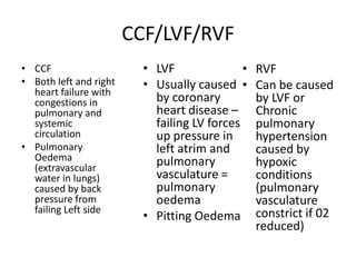 CCF/LVF/RVF
• CCF                     • LVF               •   RVF
• Both left and right     • Usually caused •      Can be caused
  heart failure with
  congestions in            by coronary           by LVF or
  pulmonary and             heart disease –       Chronic
  systemic                  failing LV forces     pulmonary
  circulation               up pressure in        hypertension
• Pulmonary                 left atrim and        caused by
  Oedema                    pulmonary             hypoxic
  (extravascular
  water in lungs)           vasculature =         conditions
  caused by back            pulmonary             (pulmonary
  pressure from             oedema                vasculature
  failing Left side                               constrict if 02
                          • Pitting Oedema
                                                  reduced)
 