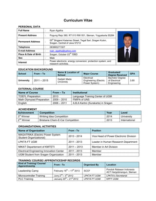 Curriculum Vitae
PERSONAL DATA
Full Name : Ryan Agatha
Present Address : Pogung Rejo 380, RT 013 RW 051, Sleman, Yogyakarta 55284
Permanent Address :
05
th
Brigjend Katamso Street, Tegal Sari, Sragen Kulon,
Sragen, Central of Java 57212
Telephone : 083865271507
E-mail Address : ryan_agatha@yahoo.com
Place & Date of Birth : Sragen, October 03
rd
1993
Sex : Male
Interest :
Power electronic, energy conversion, protection system, and
research activities.
EDUCATION BACKGROUND
School From – To
Name & Location of
School
Major Course
Graduated/
Degree Received
GPA
University 2011 – 2015
Gadjah Mada
University
Electrical
Engineering (Electric
Power System)
Bachelor Degree
of Electrical
Engineering
3.69
EXTERNAL COURSE
Name of Course From – To Institutional
TOEFL Preparation 2013 Language Training Center of UGM
Math Olympiad Preparation 2009 – 2010 FMIPA of UNS
English 2006 – 2011 A.B.A Kartini (Surakarta) in Sragen
ACHIEVEMENT
Achievement Competition Year Level
3
rd
Winner Writimg Idea Competition 2014 University
2
nd
Winner Brisbane Chem-E-Car Competition 2013 International
ORGANIZATIONAL ACTIVITIES
Name of Organization From - To Position
MAGATRIKA (Electric Power System
Student Organizational)
2013 - 2014 Vice Head of Power Electronic Division
LPKTA FT UGM 2011 - 2013 Leader in Human Research Department
MIKAT Departement of KMTETI 2011 – 2013 Member in Art Division
Electrical Engineering Innovation Center 2011 - 2013 Member
UGM Student from Sragen Organization 2011 - 2013 Member
TRAINING/ COURSE/ APPRENTICESHIP RECORDS
Kind of Training/ Course/
Apprenticeship
From - To Organized By Location
Leadership Camp February 16
th
– 17
th
2013 SCCF
Pondok Relawan Indonesia
ACT Hargobinangun, Sleman
Microcontroller Training Juny 2
nd
– 3
rd
2012 LPKTA FT UGM LPKTA’s Secretariat
PLC Training January 20
th
– 21
st
2012 LPKTA FT UGM KPFT UGM
 