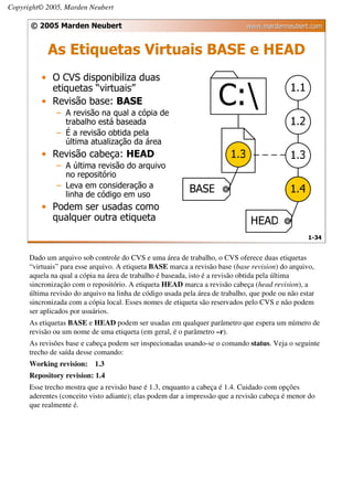 Copyright© 2005, Marden Neubert

      © 2005 Marden Neubert                                                   www.mardenneubert.com


            As Etiquetas Virtuais BASE e HEAD
          • O CVS disponibiliza duas
            etiquetas “virtuais”
          • Revisão base: BASE
               – A revisão na qual a cópia de
                 trabalho está baseada
               – É a revisão obtida pela
                 última atualização da área
          • Revisão cabeça: HEAD
               – A última revisão do arquivo
                 no repositório
               – Leva em consideração a
                 linha de código em uso
          • Podem ser usadas como
            qualquer outra etiqueta
                                                                                                  1-34


      Dado um arquivo sob controle do CVS e uma área de trabalho, o CVS oferece duas etiquetas
      “virtuais” para esse arquivo. A etiqueta BASE marca a revisão base (base revision) do arquivo,
      aquela na qual a cópia na área de trabalho é baseada, isto é a revisão obtida pela última
      sincronização com o repositório. A etiqueta HEAD marca a revisão cabeça (head revision), a
      última revisão do arquivo na linha de código usada pela área de trabalho, que pode ou não estar
      sincronizada com a cópia local. Esses nomes de etiqueta são reservados pelo CVS e não podem
      ser aplicados por usuários.
      As etiquetas BASE e HEAD podem ser usadas em qualquer parâmetro que espera um número de
      revisão ou um nome de uma etiqueta (em geral, é o parâmetro –r).
      As revisões base e cabeça podem ser inspecionadas usando-se o comando status. Veja o seguinte
      trecho de saída desse comando:
      Working revision:    1.3
      Repository revision: 1.4
      Esse trecho mostra que a revisão base é 1.3, enquanto a cabeça é 1.4. Cuidado com opções
      aderentes (conceito visto adiante); elas podem dar a impressão que a revisão cabeça é menor do
      que realmente é.
 
