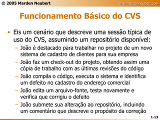 Funcionamento Básico do CVS Eis um cenário que descreve uma sessão típica de uso do CVS, assumindo um repositório disponível: João é destacado para trabalhar no projeto de um novo sistema de cadastro de clientes para sua empresa João faz um check-out do projeto, obtendo assim uma cópia de trabalho com as últimas revisões do código João compila o código, executa o sistema e identifica um defeito no cadastro do endereço comercial João edita um arquivo-fonte, testa novamente e verifica que corrigiu o defeito João submete sua alteração ao repositório, incluindo um comentário que descreve o propósito da correção 