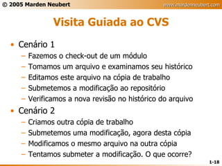 Visita Guiada ao CVS Cenário 1 Fazemos o check-out de um módulo Tomamos um arquivo e examinamos seu histórico Editamos este arquivo na cópia de trabalho Submetemos a modificação ao repositório Verificamos a nova revisão no histórico do arquivo Cenário 2 Criamos outra cópia de trabalho Submetemos uma modificação, agora desta cópia Modificamos o mesmo arquivo na outra cópia Tentamos submeter a modificação. O que ocorre? 