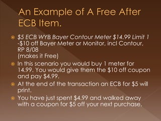  $5 ECB WYB Bayer Contour Meter $14.99 Limit 1
-$10 off Bayer Meter or Monitor, incl Contour,
RP 8/08
(makes it Free)
 In this scenario you would buy 1 meter for
14.99. You would give them the $10 off coupon
and pay $4.99.
 At the end of the transaction an ECB for $5 will
print.
 You have just spent $4.99 and walked away
with a coupon for $5 off your next purchase.
 