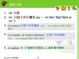 11嵌入式及平行系統實驗室
刪除目錄
1. cd 目錄
2. rm 目錄下所有 案檔 (ex ： rm file1 file2 file3 or
rm *)
3.
4.
5.
cvs remove 目錄下所有檔案 //ex ： cvs remove file1 file2
file3
cvs commit –m “remove directory” 目錄下所有檔案
//ex ： cvs commit file1 file2 file3
cvs update –P //-P 會將空目錄由 cvs 資料庫中刪除
 