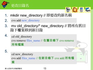 13嵌入式及平行系統實驗室
更改目錄名
1. mkdir new_directory // 即要改的新名稱
2.
3. mv old_directory/* new_directory // 將所有舊目
錄下 案移到新目錄檔
4.
5.
cvs add new_directory
cd old_directory
cvs remove files_name // 在舊目錄下 cvs remove
所有檔案
cd new_directory
cvs add files_name // 在新目錄下 cvs add 所有檔
案
 
