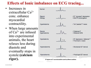Effects of Ionic imbalance on ECG tracing...
• Increases in
extracellular Ca2+
conc. enhance
myocardial
contractility.
• When large amounts
of Ca2+ are infused
into experimental
animals, the heart
relaxes less during
diastole and
eventually stops in
systole (calcium
rigor).
6/10/2022 59
 