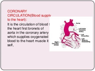 CORONARY
CIRCULATION(Blood supply
to the heart):
It is the circulation of blood to
the heart first bronets of
aorta in the coronary artery
which supplies oxygenated
blood to the heart muscle it
self,
 
